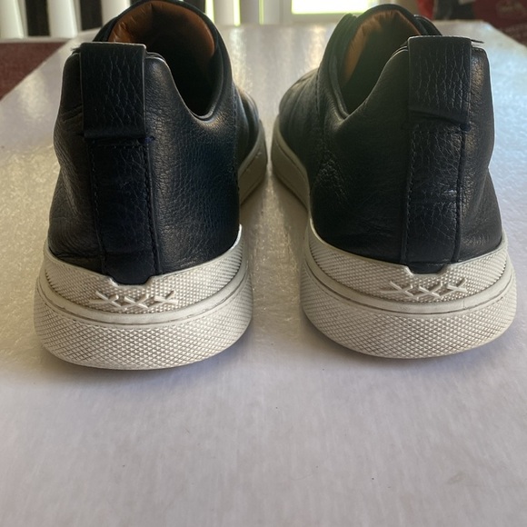 ZEGNA Triple Stitch Dark Navy Pebbled Leather/ Black Suede Slip On Sneakers 12US - Picture 3 of 10
